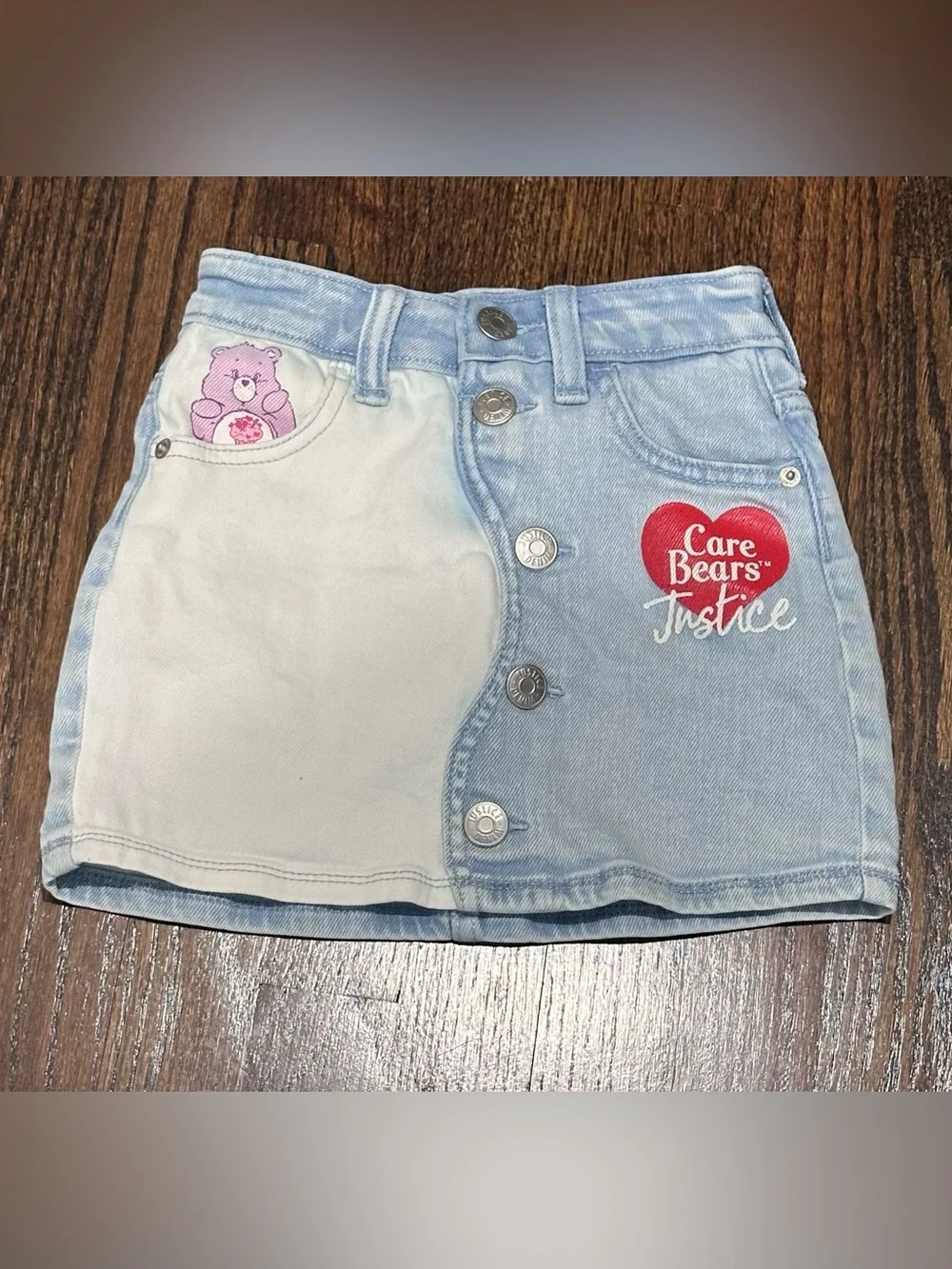 Justice Girls' Two-Tone Light Blue and White Care Bears Denim Skort